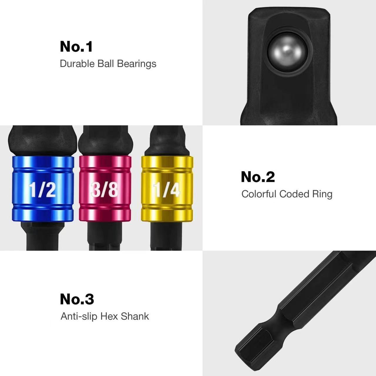 3pc Impact Socket Adapter 1/4 3/8 1/2Inch Nut Driver Sockets Hex Shank Extension