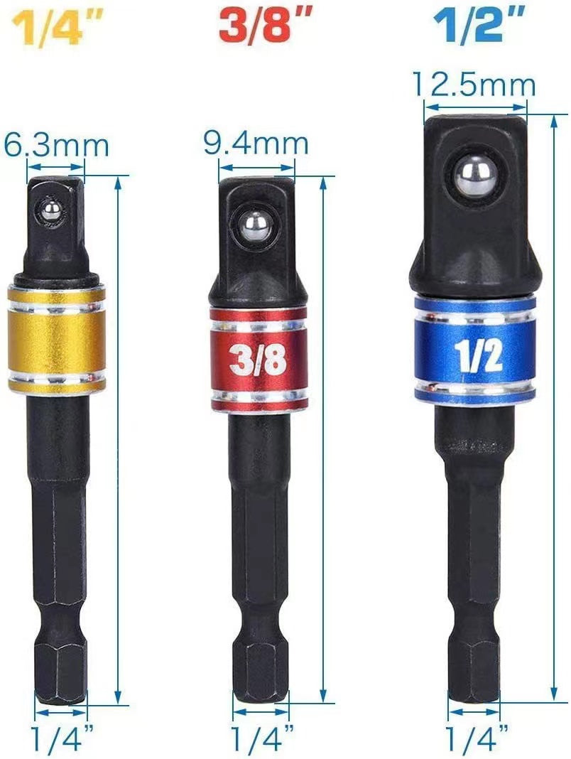 3pc Impact Socket Adapter 1/4 3/8 1/2Inch Nut Driver Sockets Hex Shank Extension