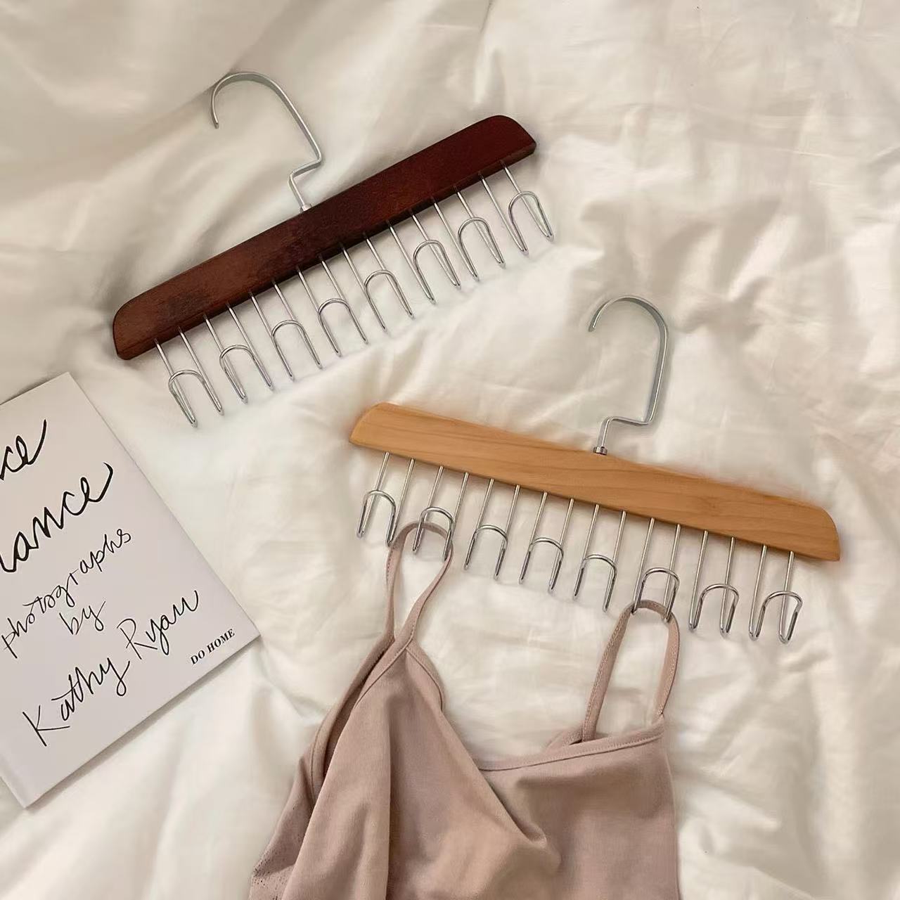 Wood Belt Camisole Clothes Hanger 8 Hooks Tie Hats Organizer Rack Storage