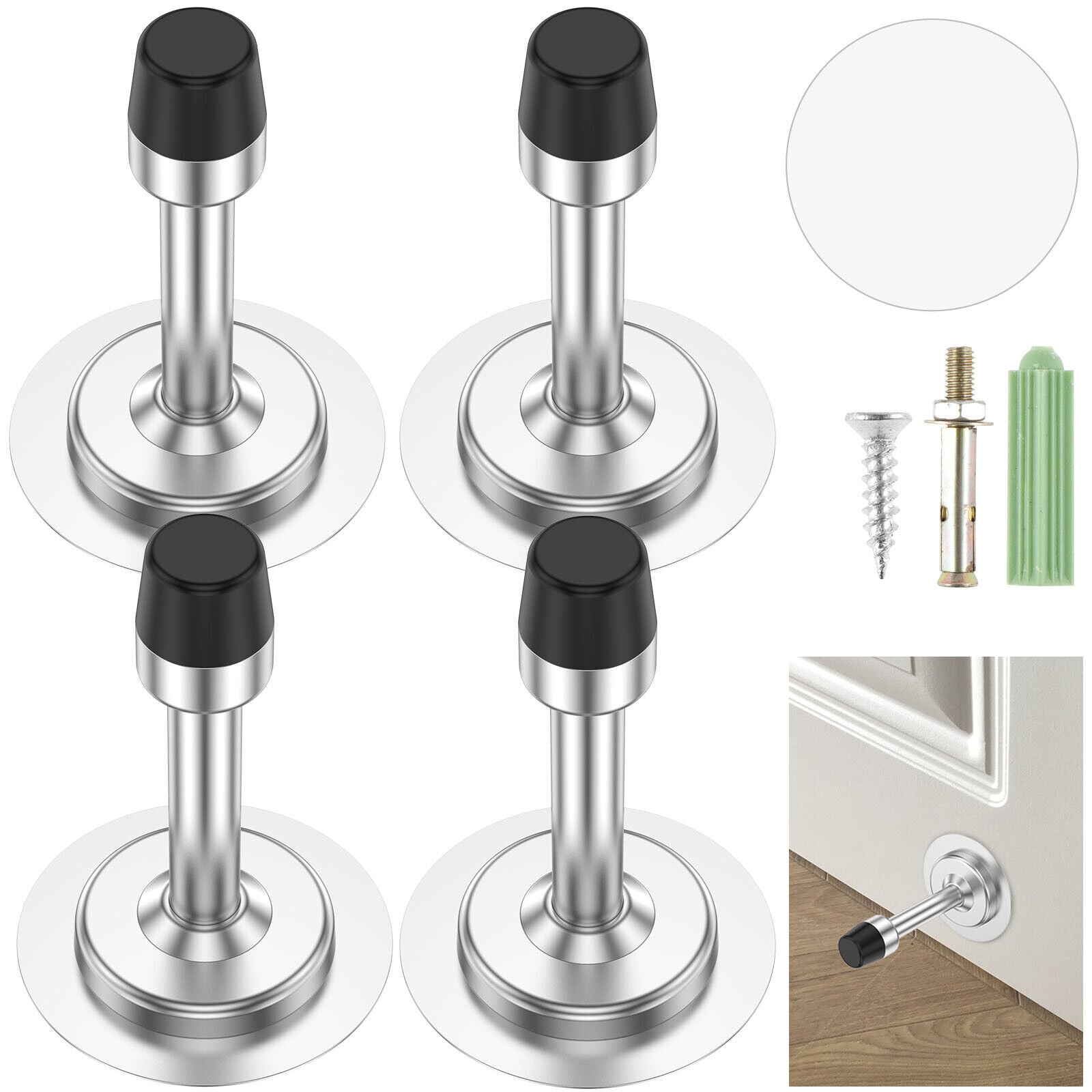 4Pcs Door Stoppers Stainless Steel Stops Wall Door Set with Screws Self Adhesive
