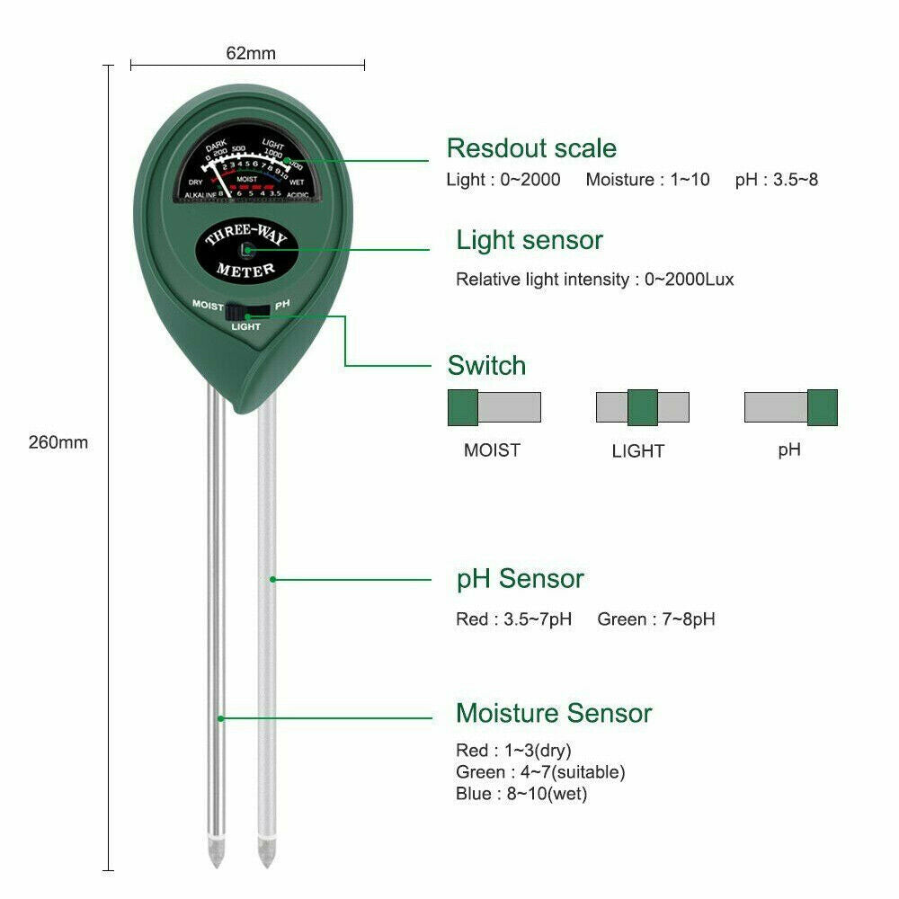 3 in 1 Soil PH Tester Water Moisture Test Meter Kit For Garden