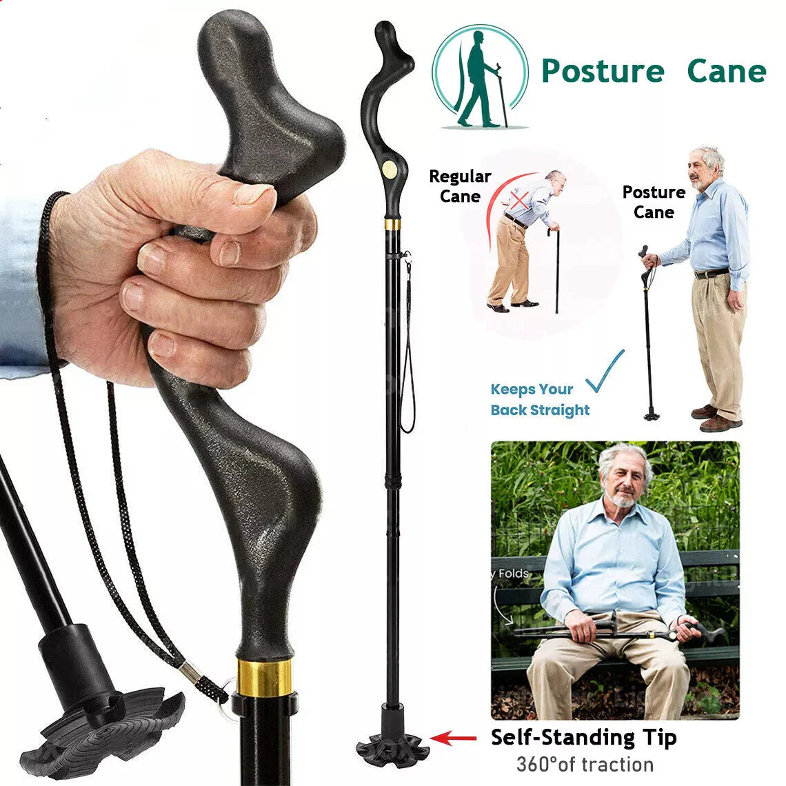 Walking Stick Foldable Posture Straight Cane Travel Adjustable Height