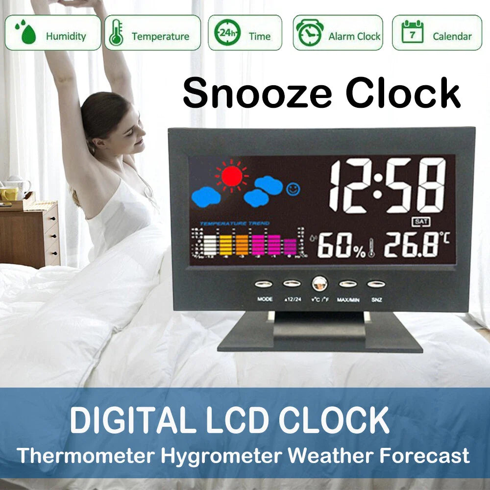 Color Screen Digital Backlight Snooze Alarm Clock Weather Date Hour Humidity