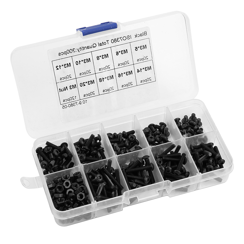 300x M3 Black 10.9 Grade Button Head Hex Socket Screw Bolt Nut Assortment Kit