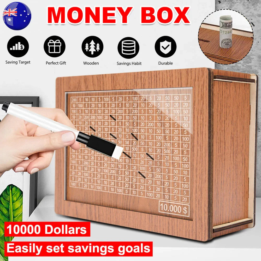 Wooden Money Box with Counter Piggy Bank Cash Coin Money Saving Box $10000