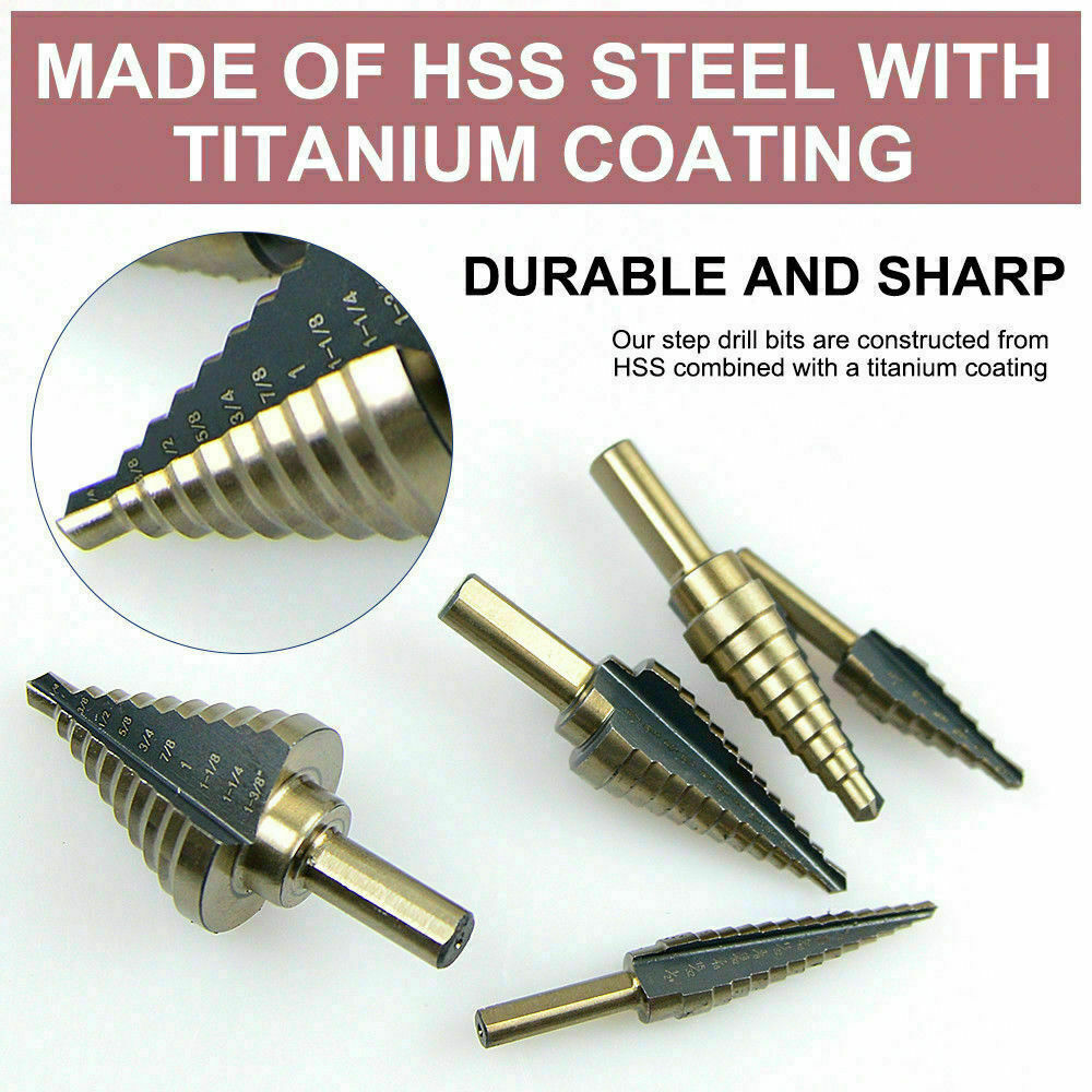 5Pcs HSS Step Steel Cone Drill Hole Cutter Titanium Bits Set Kit + Aluminum Case