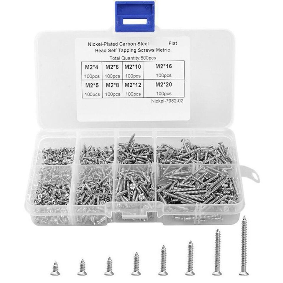 800pcs M2 Flat Head Phillips Assorted Self Tapping Screws Stainless Steel Set Kit