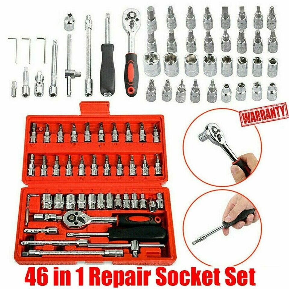 46Pcs Spanner Socket Screwdriver 1/4'' Car Repair Tool Set Ratchet Wrench Box