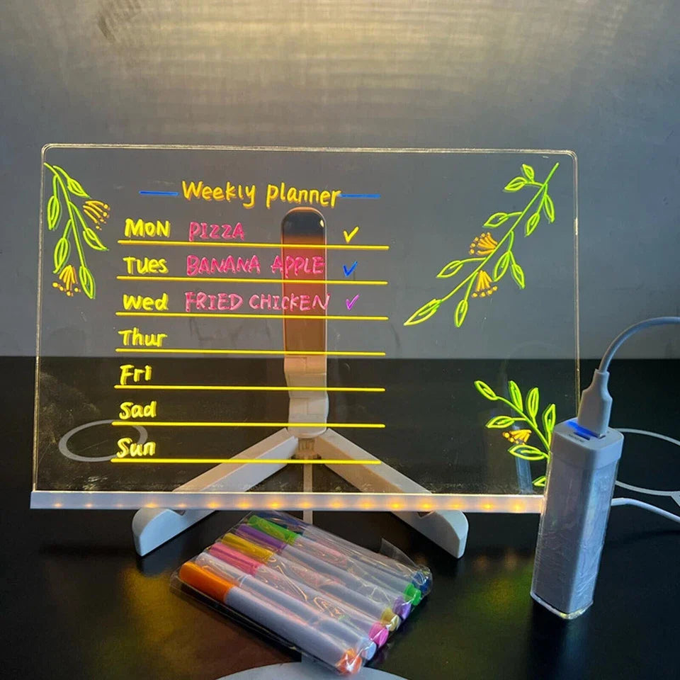 LED Message Note Board with Colors Acrylic Dry Erase Board with 7 Pens