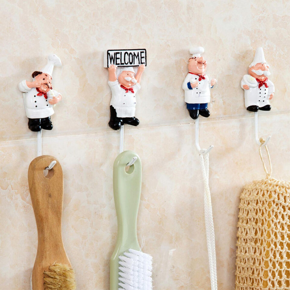 4pcs Chef Kitchen Hooks Cute French Chef Wall Hooks Utility Hooks Self Adhesive