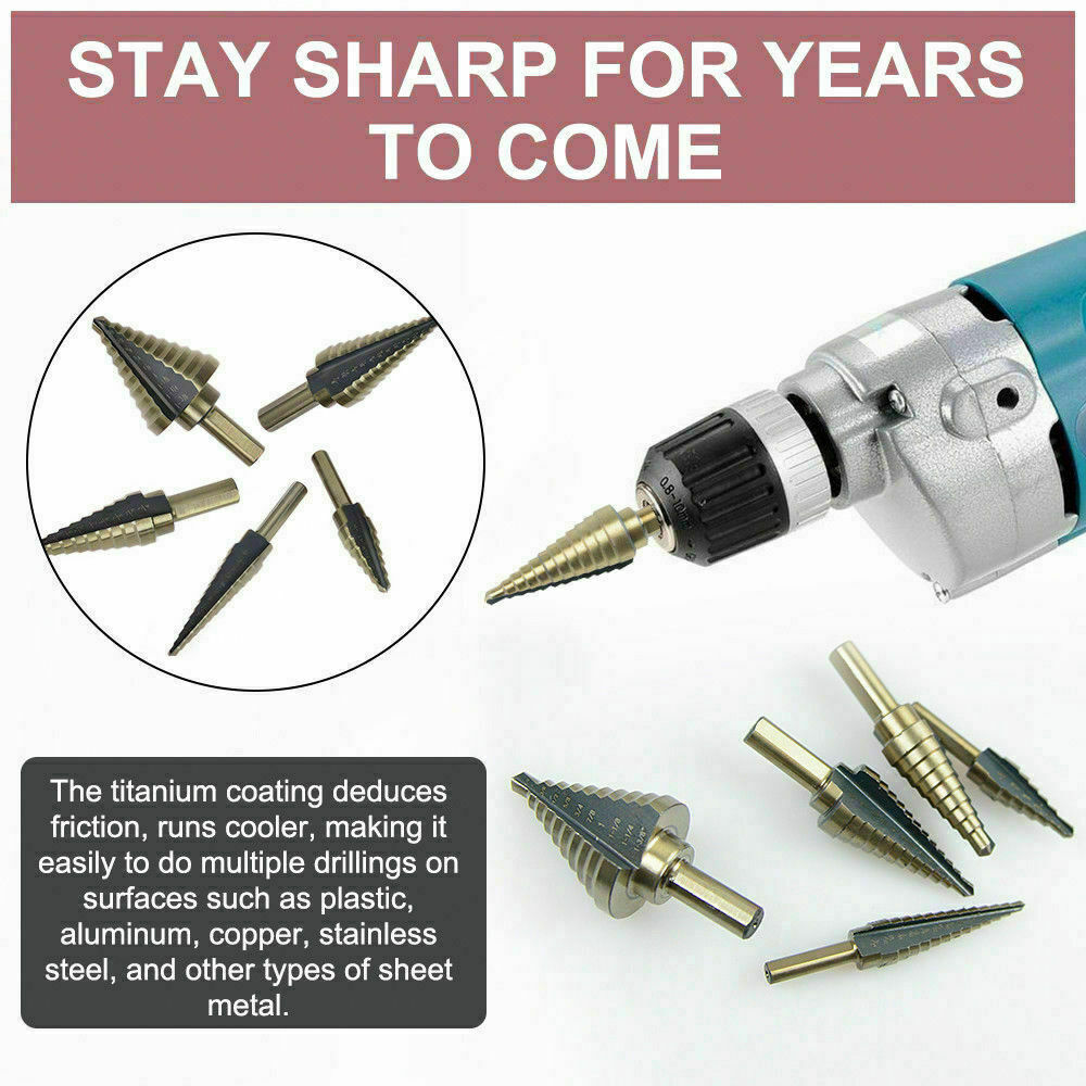 5Pcs HSS Step Steel Cone Drill Hole Cutter Titanium Bits Set Kit + Aluminum Case