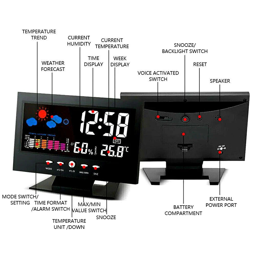 Color Screen Digital Backlight Snooze Alarm Clock Weather Date Hour Humidity
